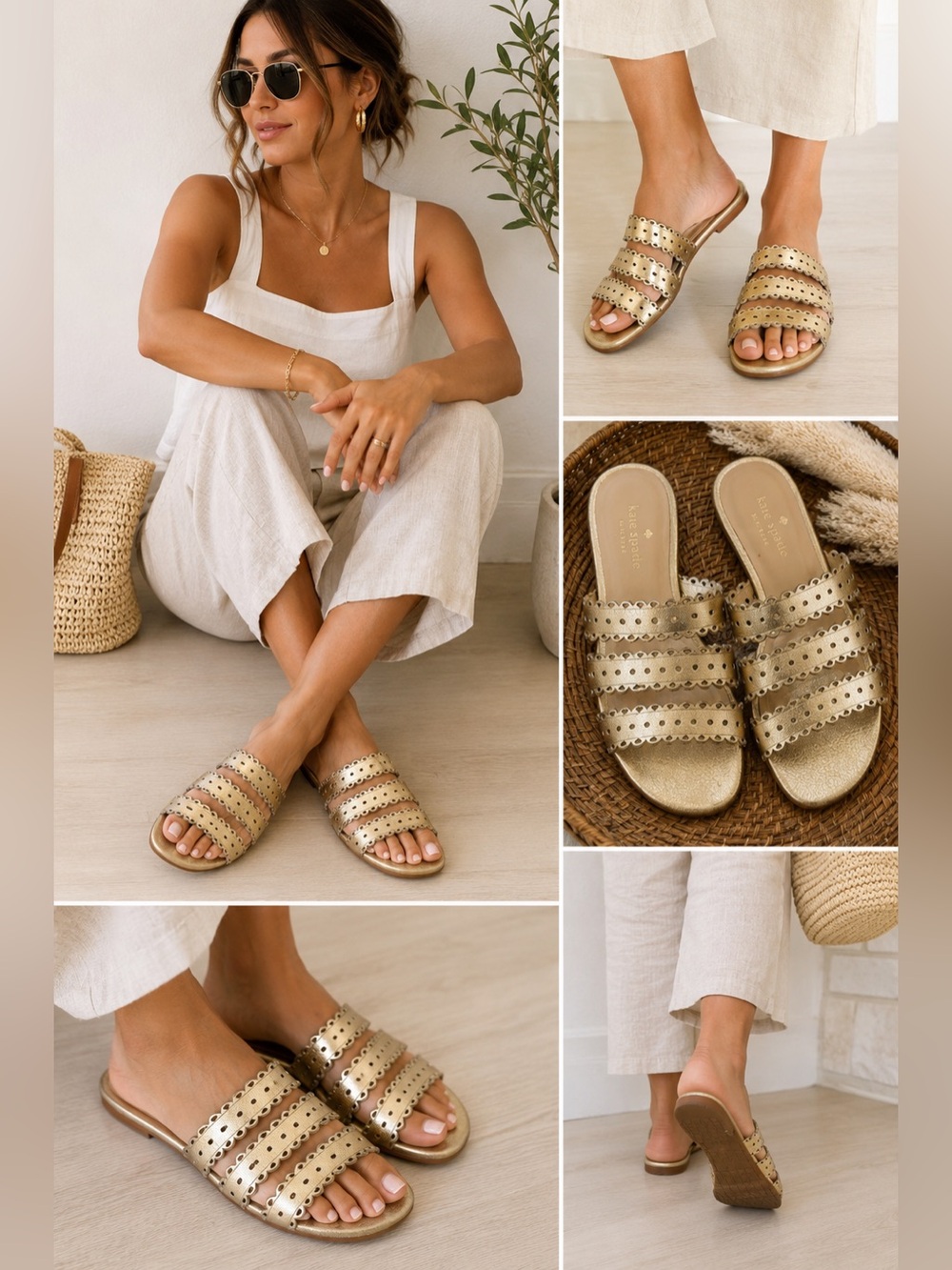 Kate Spade New York Gold Metallic Leather Scalloped Cutout Slide Sandals 6.5M